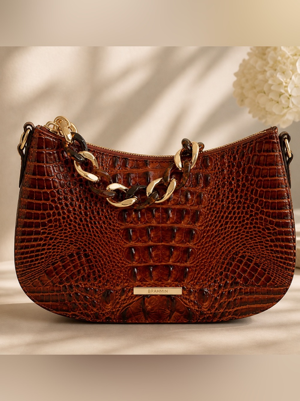 Brahmin Shayna Shoulder Bag Pecan Melbourne Croc Embossed Leather Chain Strap